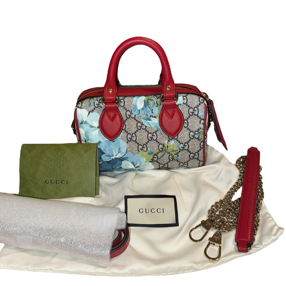 Gucci GG Supreme Monogram Mini Blue Blooms Boston Bag - Authentic